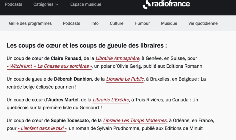 « Witch Hunt, La chasse aux sorcières » — Coup de coeur dans la Librairie Francophone sur France Inter